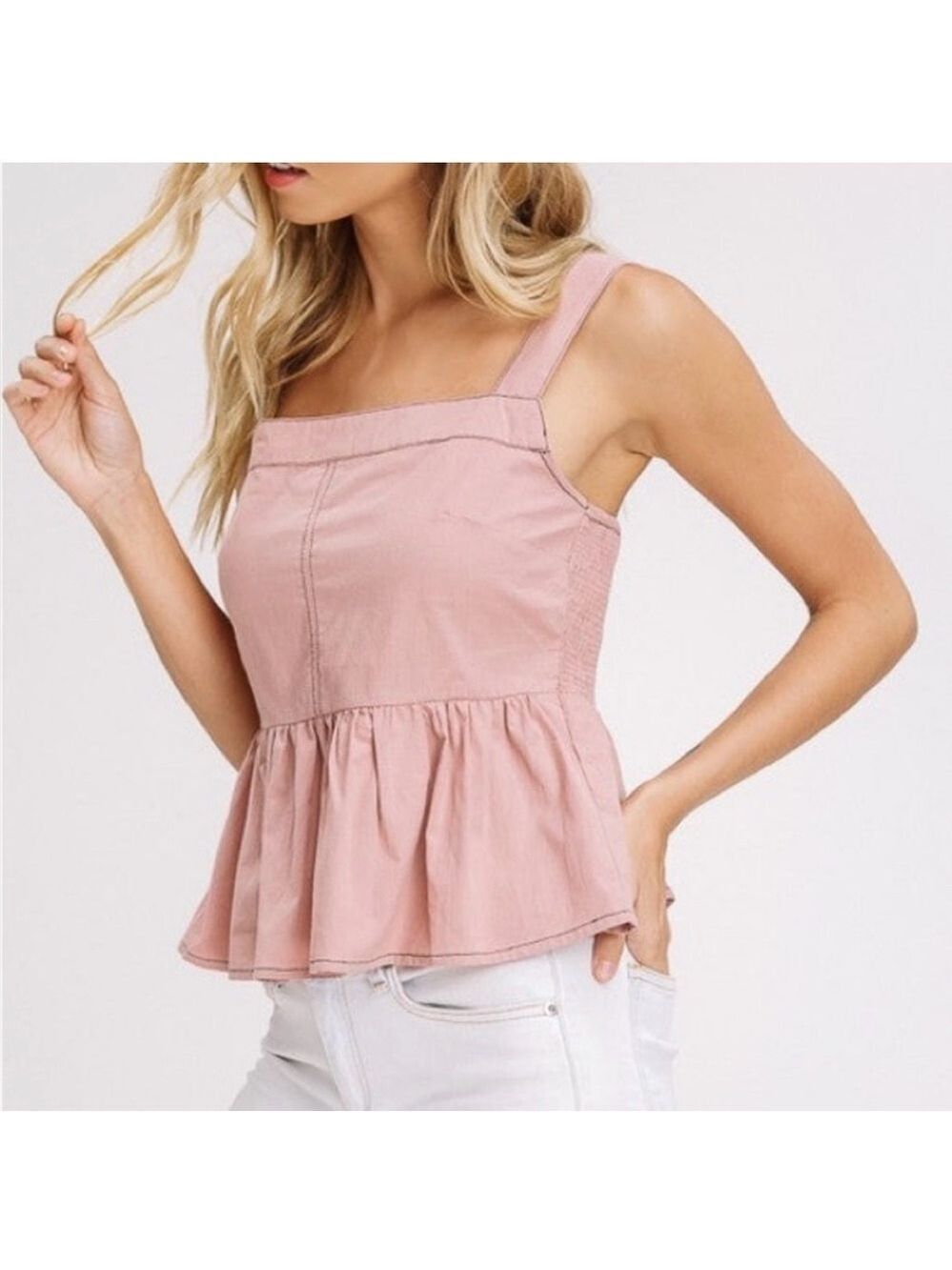 Listicle Peplum Tank Top Wide Strap Tan Cotton Sleeveless | M